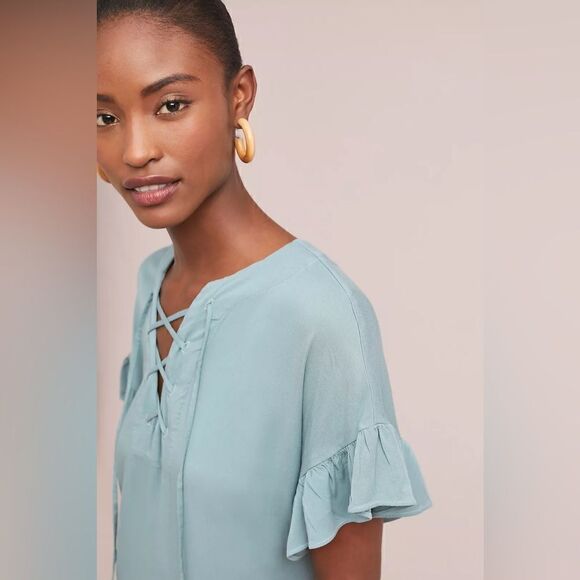 MICHAEL STARS ANTHROPOLOGIE- Ruffled Hem Dress Sea Foam Lace Up Shift, Size Lg - Picture 4 of 12